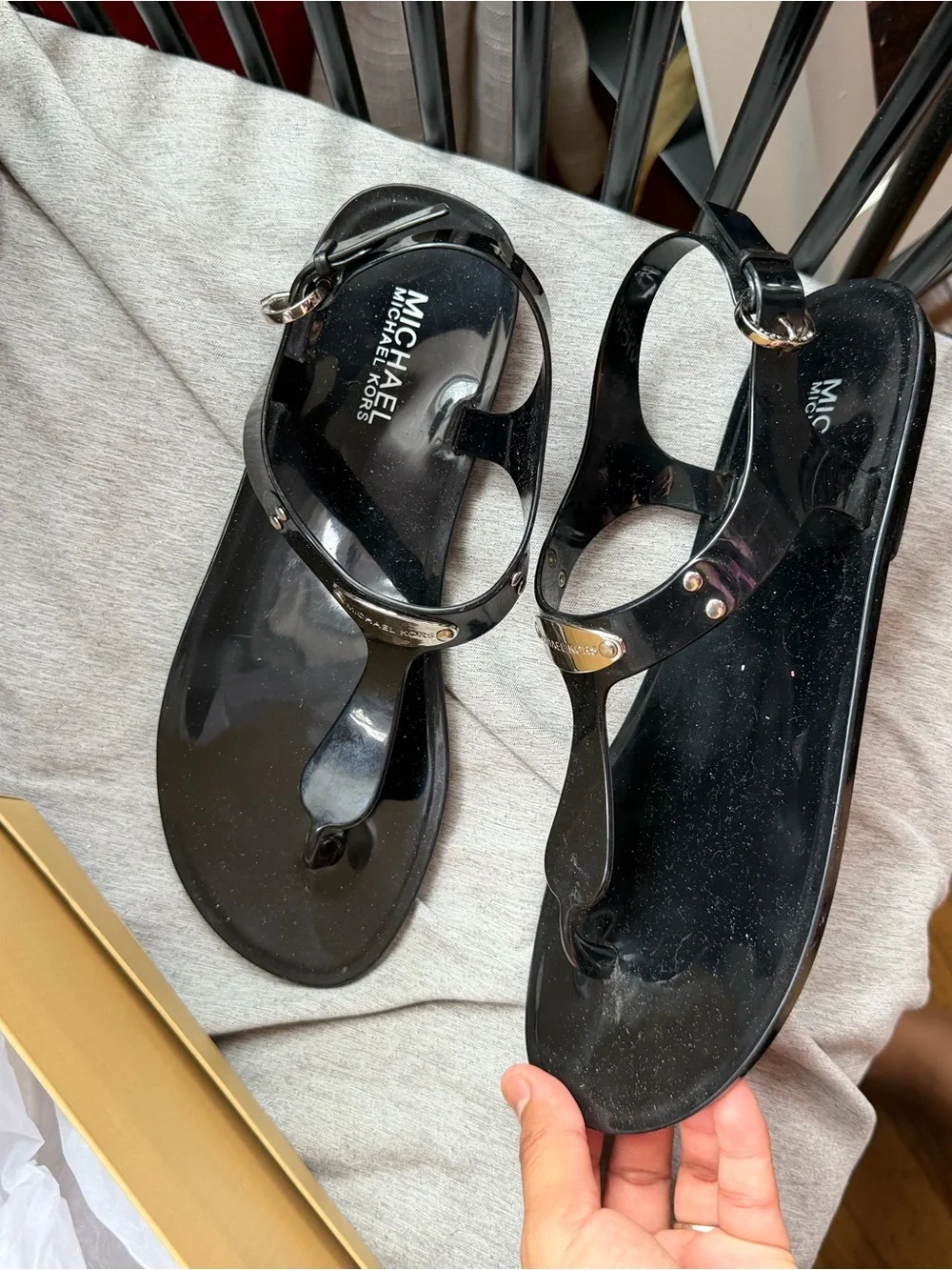 Michael Kors Black Glossy Jelly T-Strap Sandals with Logo Accent